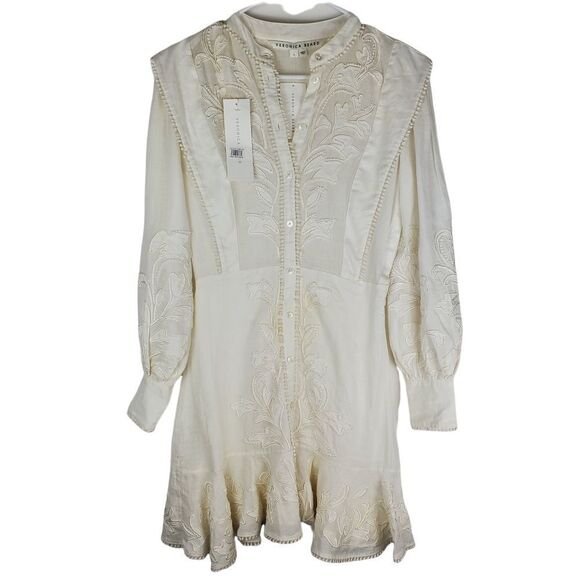 VERONICA BEARD Analeah Dress Embroidered Minidress Puff Sleeves Tassel Pom Pom - Picture 2 of 16